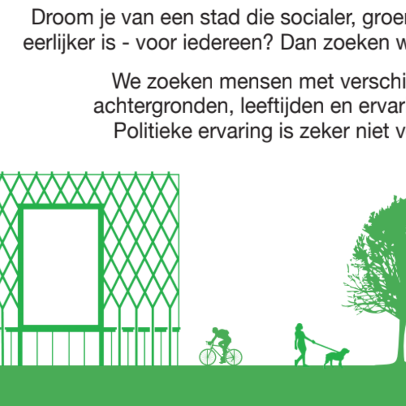 grafische banner voor vacature met de tekst 'droom je van een stad die socialer groener en eerlijker is?'